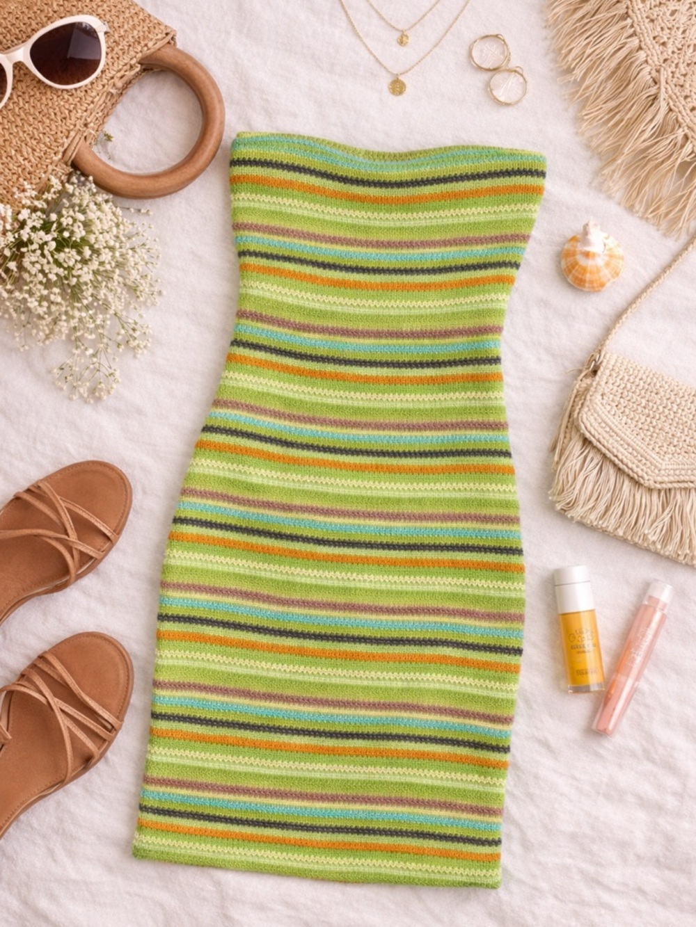 Princess Polly Strapless Knit Tube Dress Small Green Multicolor Stripe Bodycon